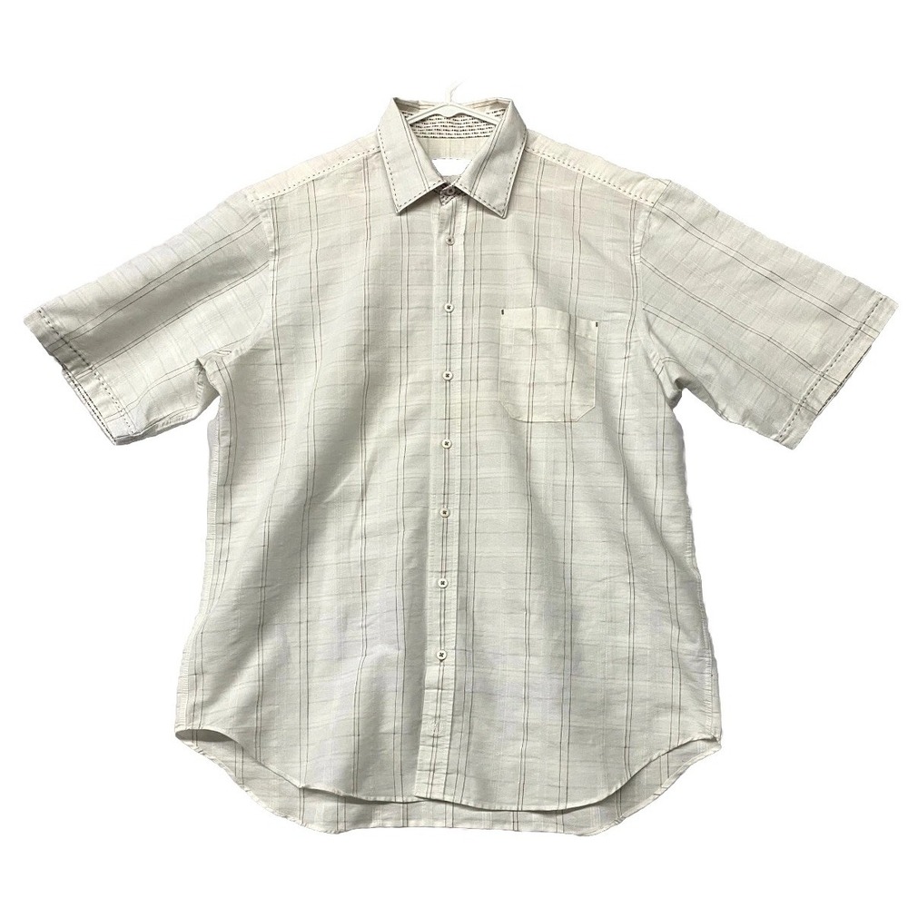 Bugatchi Uomo Shirt Mens 2XL Beige Plaid Embroidered Logo Button Up Casual Wear